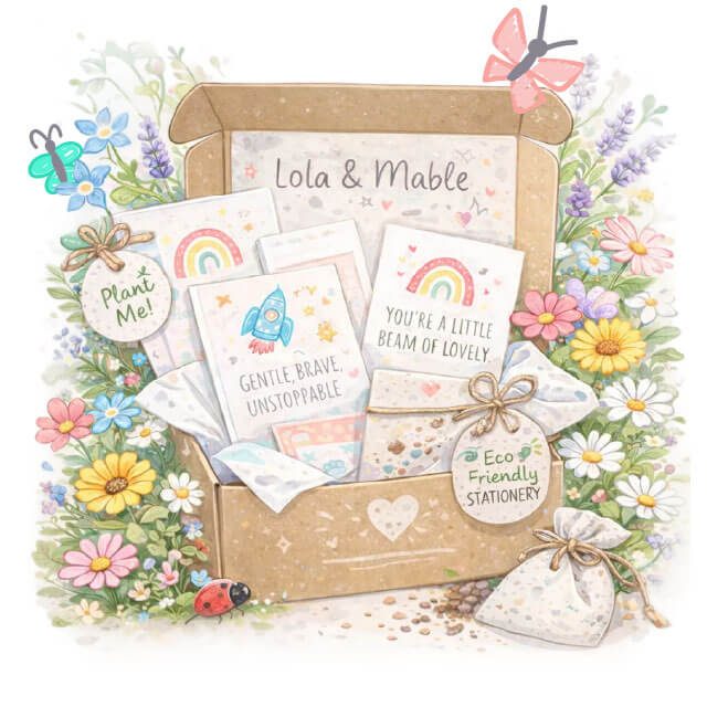 A decorative box with cards featuring illustrations of rainbows, butterflies, and flowers.
